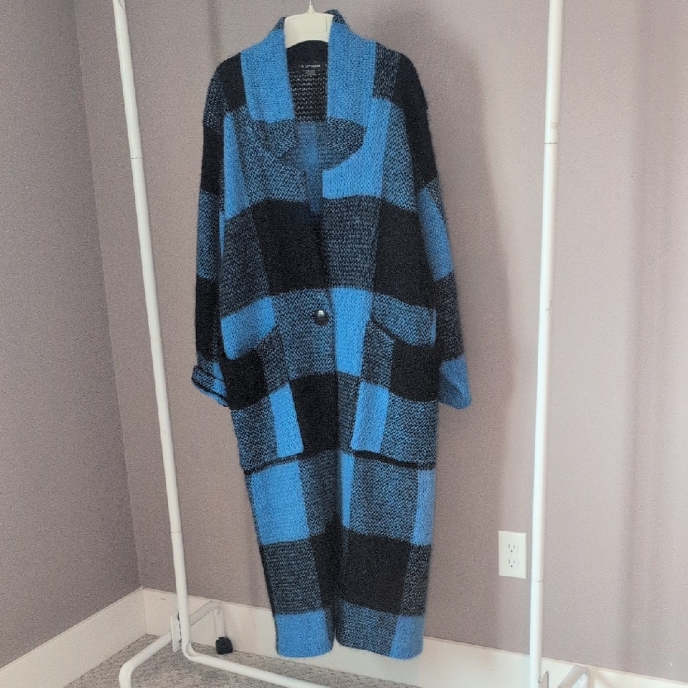 Vintage Wool Blend Blue And Black Plaid Maxi Length Coat, I.B. Diffusion